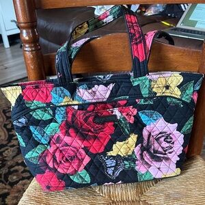 Vera Bradley Quilted Floral Tote in Black with Multicolor Roses